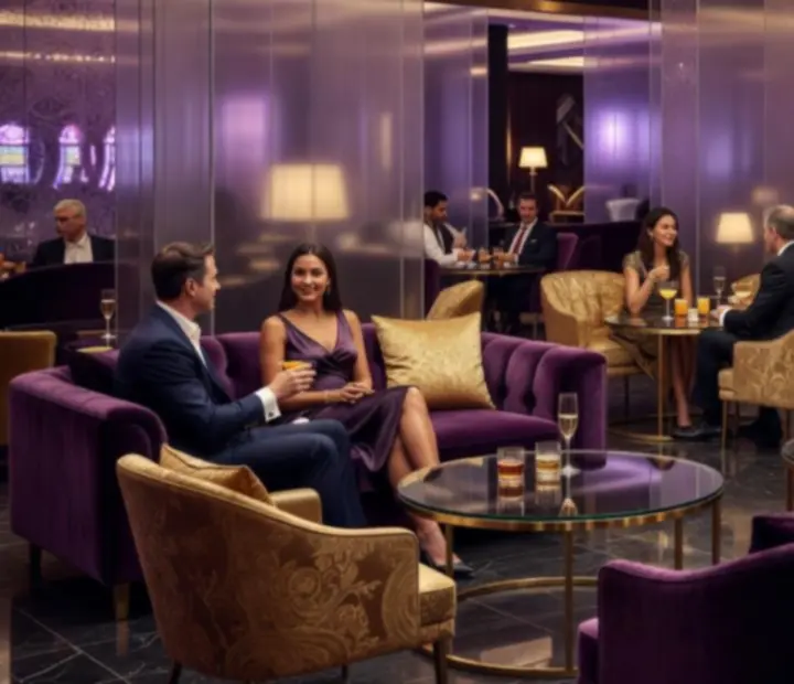 Stylová lounge zóna v Cezaria Casino s večerním osvětlením a společenskou atmosférou.