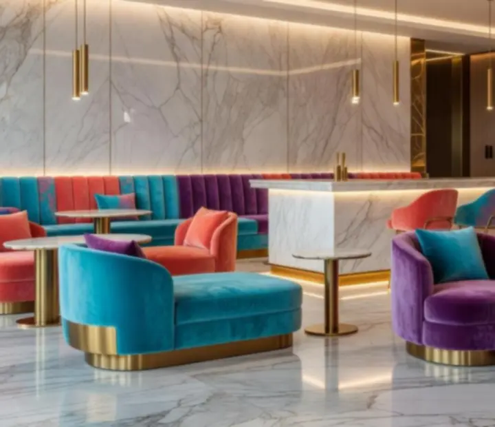 Designový interiér restaurace Cezaria Casino s tyrkysovými a fialovými akcenty