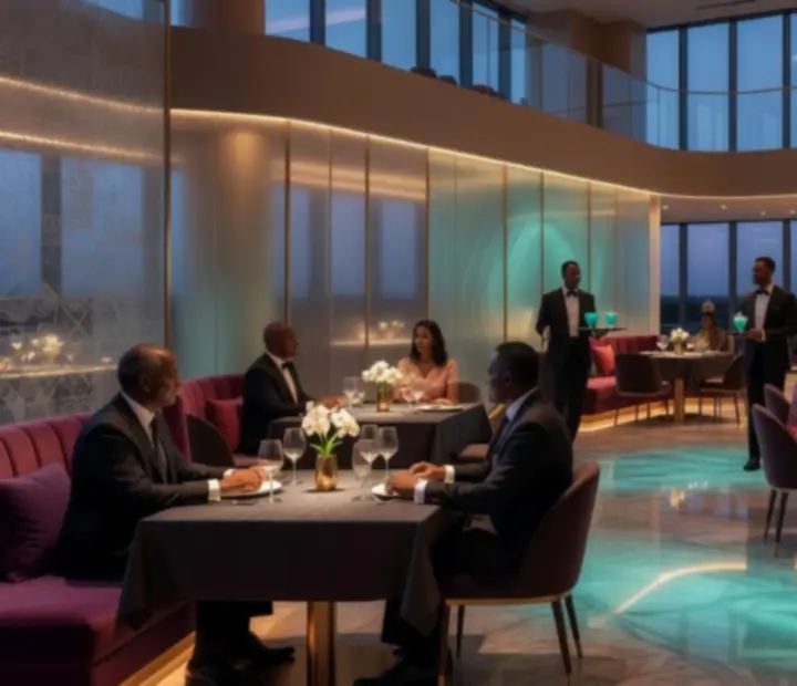 Moderní interiér casino restaurace Cezaria Casino s večerní atmosférou.