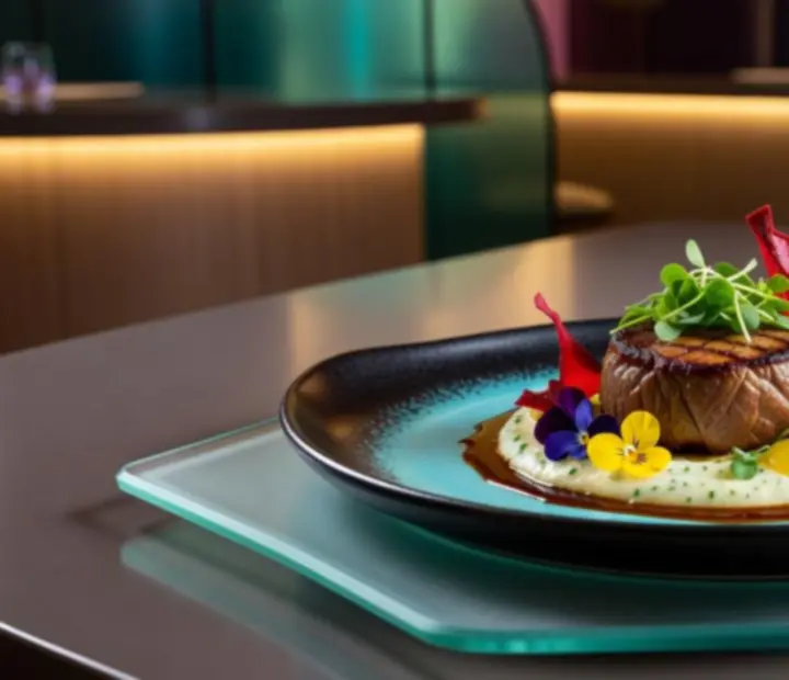 Signature hlavní chod v moderní prezentaci v casino restauraci Cezaria Casino.