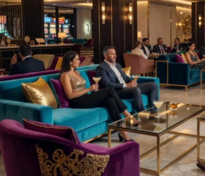 Moderní lounge zóna s tyrkysovým a fialovým osvětlením v Cezaria Casino
