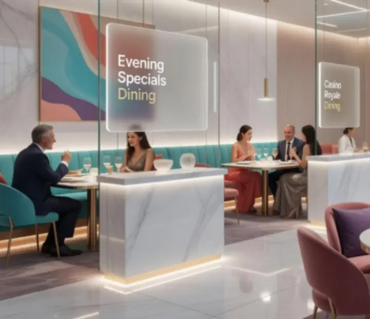 Moderní interiér casino restaurace Cezaria Casino s nasvícenými stoly připravenými na večerní menu.
